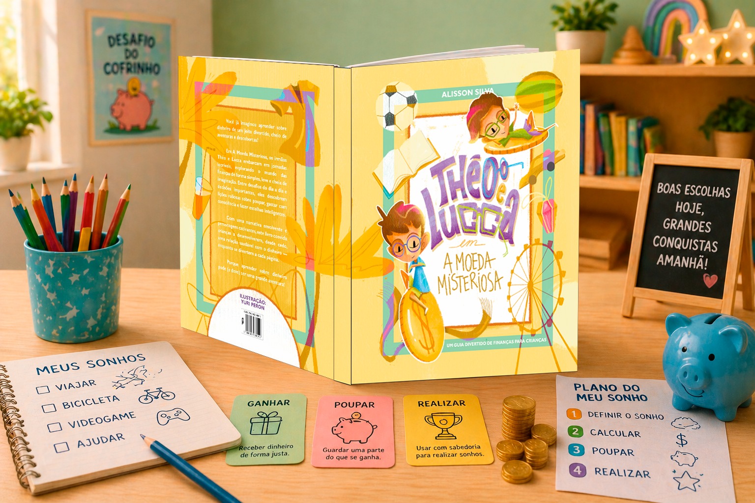 Livro Théo e Lucca aberto na mesa